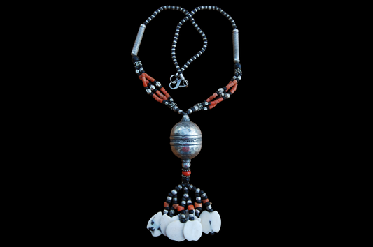 Coral, Cowrie Shell & Silver Tassel Necklace